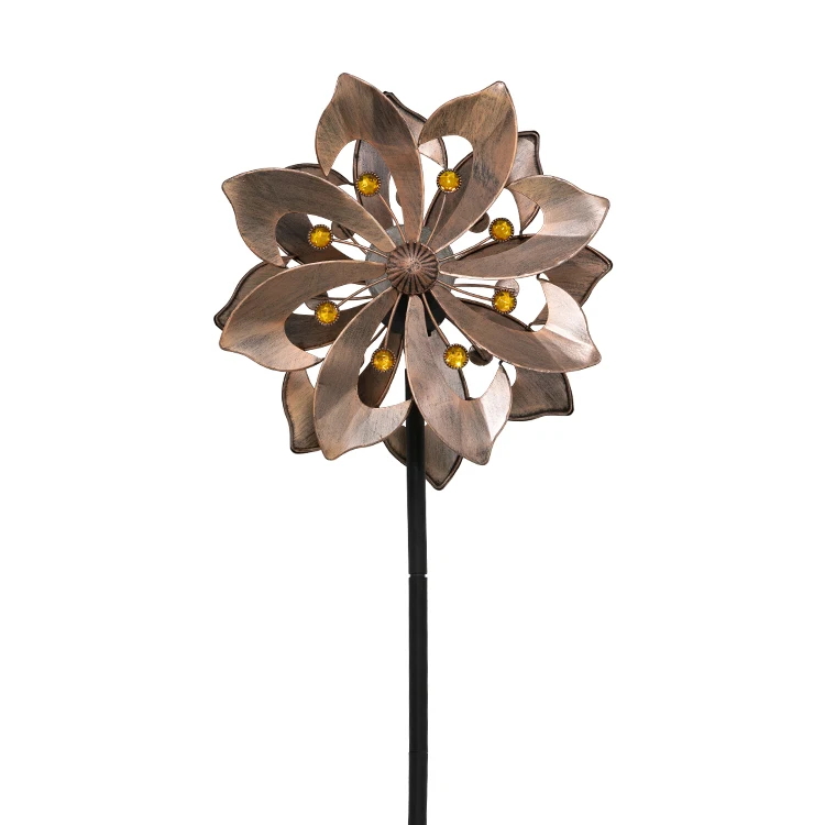 Outdoor Copper garden metal stake solar light kinetic 3d flower shape wind spinners