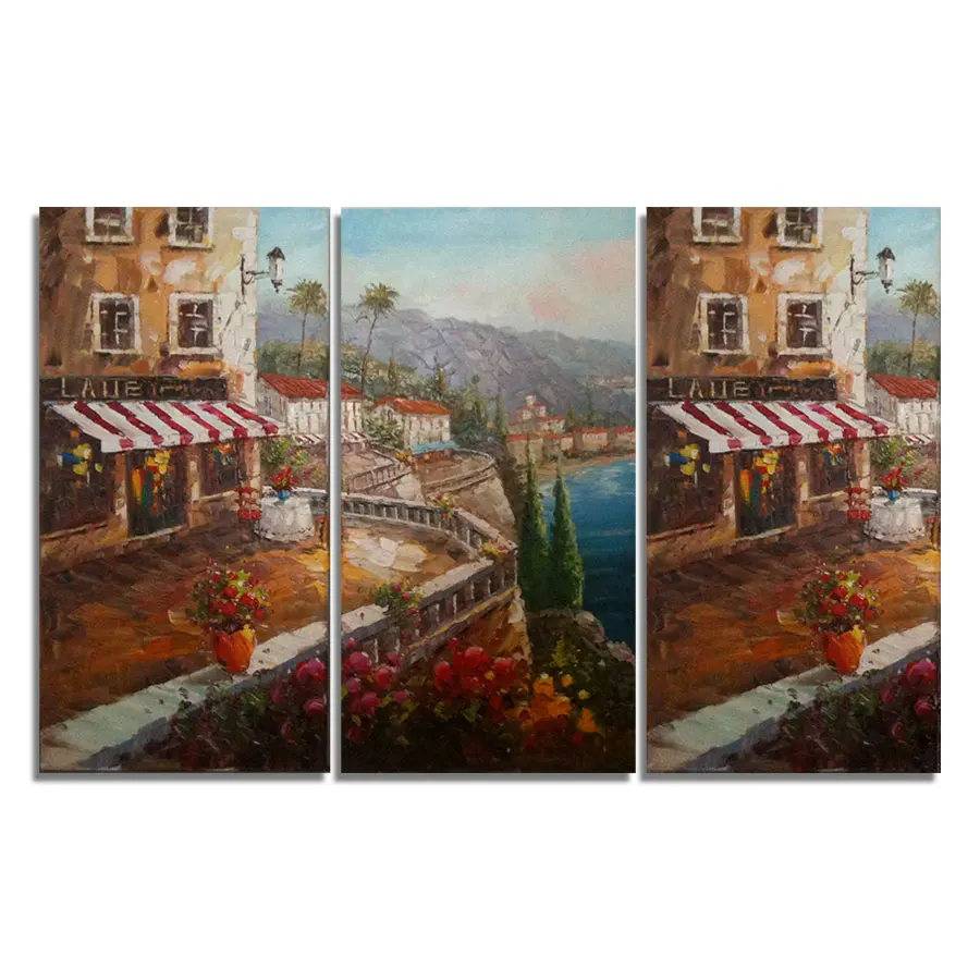 Original Art Museum-Quality Mediterranean Custom Oil Painting 100% Handmade Canvas 3Pcs Village House Wall Decor