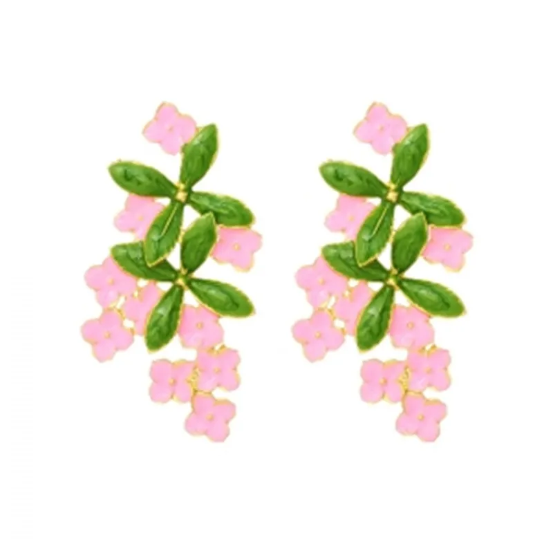 Elegant Women Zinc Alloy Clear Style Enamel Country-Style Gifts Leaves Pink Flower Earrings