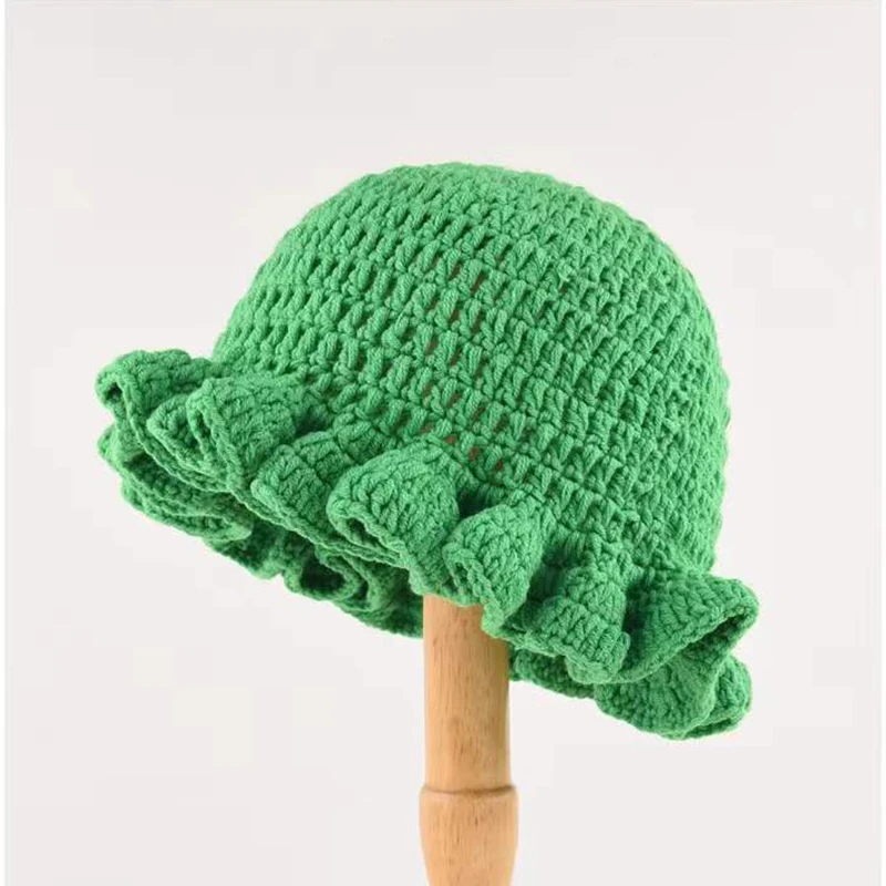 New Fashion Solid Color Handmade Knitted Cap Orange French Crochet Beach Ruffle Hats for Women