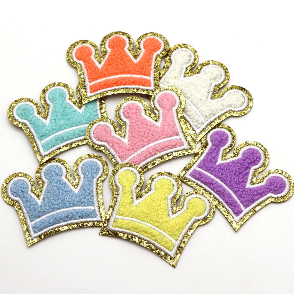 Wholesale Designer Sew On Crown Logo Chenille Patch,Custom Embroidery Sequin Letter Chenille Patches