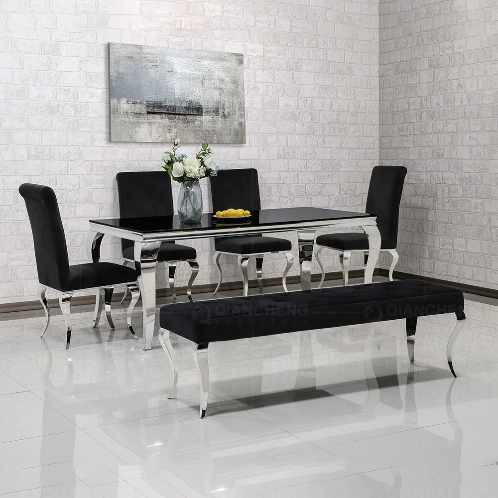 Dining Room Furniture Black Glass Metal High Gloss Luxury Dining Table