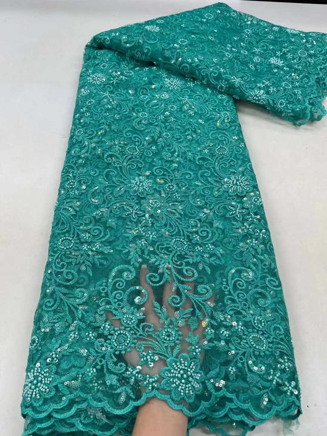 LS561 African Bead Lace Embroidery Fabric Sequins Bead Tube Mesh Gauze Fabric For Party  Dress Wedding Dress