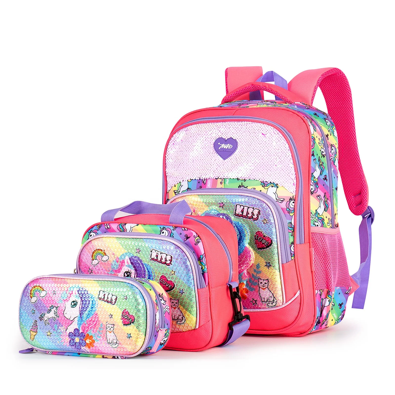 Flip Sequin LET Flash Light Unicorn Schoolbag Set Cartoon Girls School Backpack with Lunch Box and Pencil
