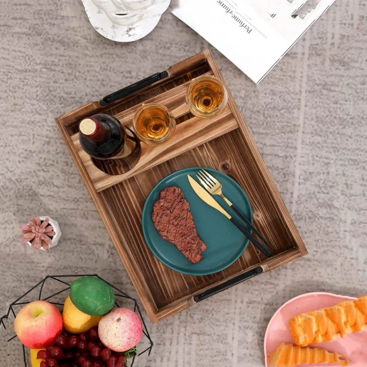 Factory Wholesale Natural Fir Wood Handcrafted New Design Removable Wine Glass Holder Wooden Food Tray