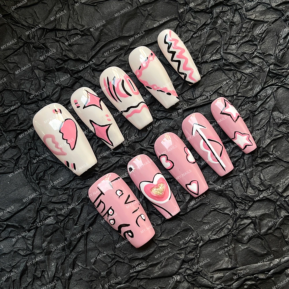 Top Selling 10pcs Long Ballet Nude Color Pink Heart Artificial Fingernails Fake Nails With Glue Waterproof False Nail
