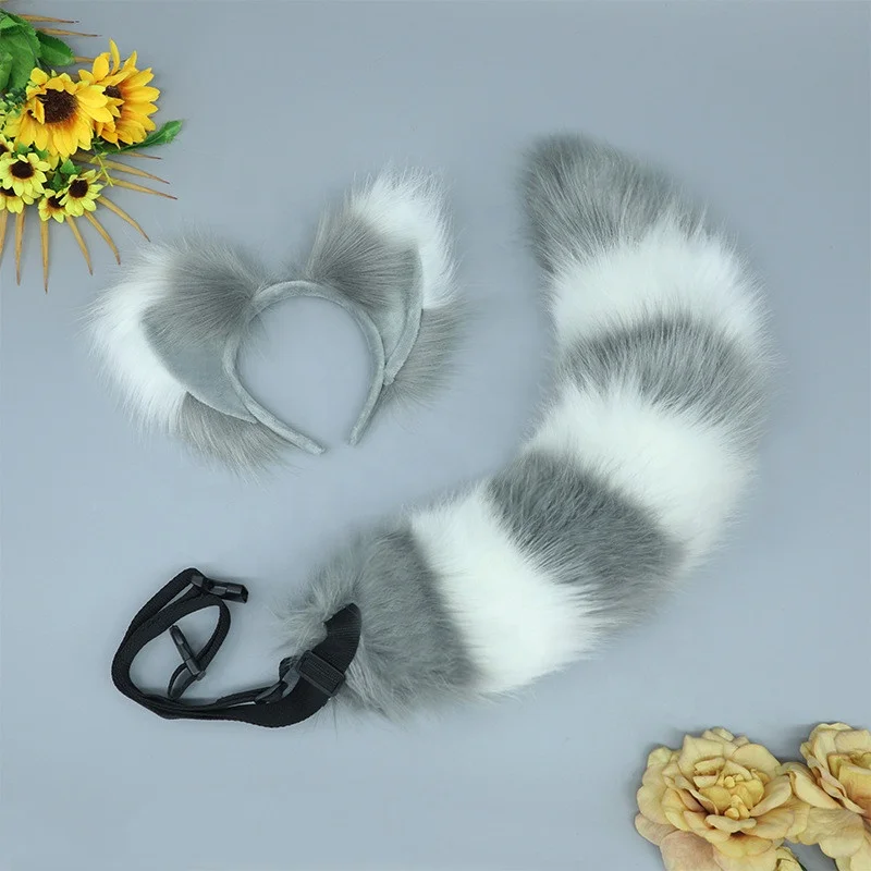 Animal Ears KC Headdress Halloween Raccoon Cosplay Costume Accessories Fox Fur Ears Headband and Tail 2PC Set for Women