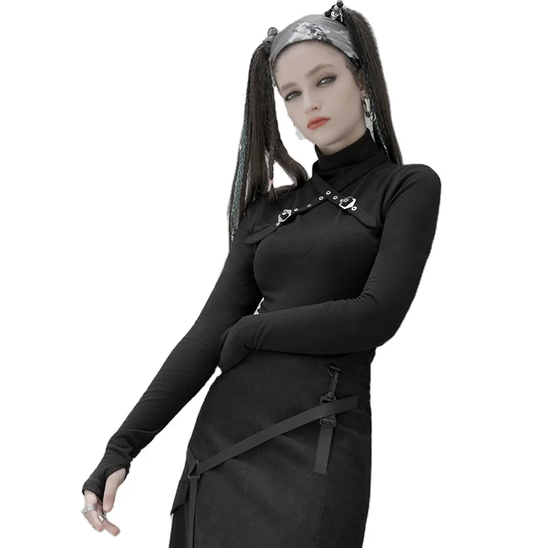 В стиле панк Футболка для женщин Зимняя одежда с длинными рукавами с принтом «крест» на плечо с высоким воротом рубашки на пуговицах, OPT-552TCF производителей в Китае Панк рейв