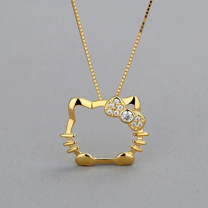 925 Sterling Silver Inlay Zircon Hello Kitty Pendant 18K Gold Plated Minimalist Trendy Korea Style Silver Necklace For Women
