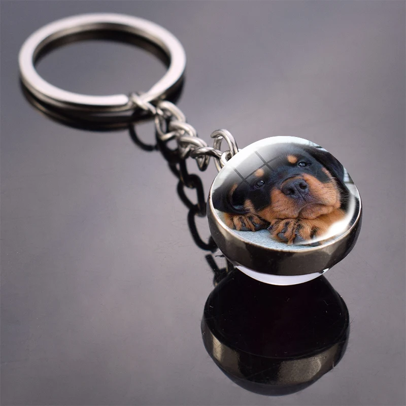 German Shepherd Dog Angel Key Ring Pet Jewelry Charm Double Sided Glass Ball Keychain Cute Animal Fashion Accessories