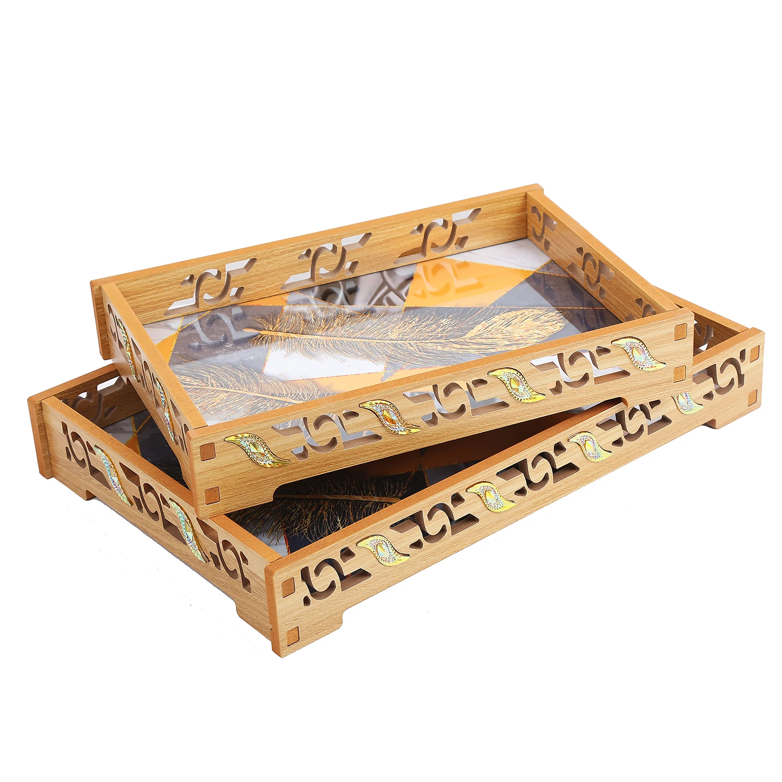 Custom Wholesales Carved Wood Stick Plastic Diamonds Food Tray For Hotel Restaurant Home Serving Tray  With Handle