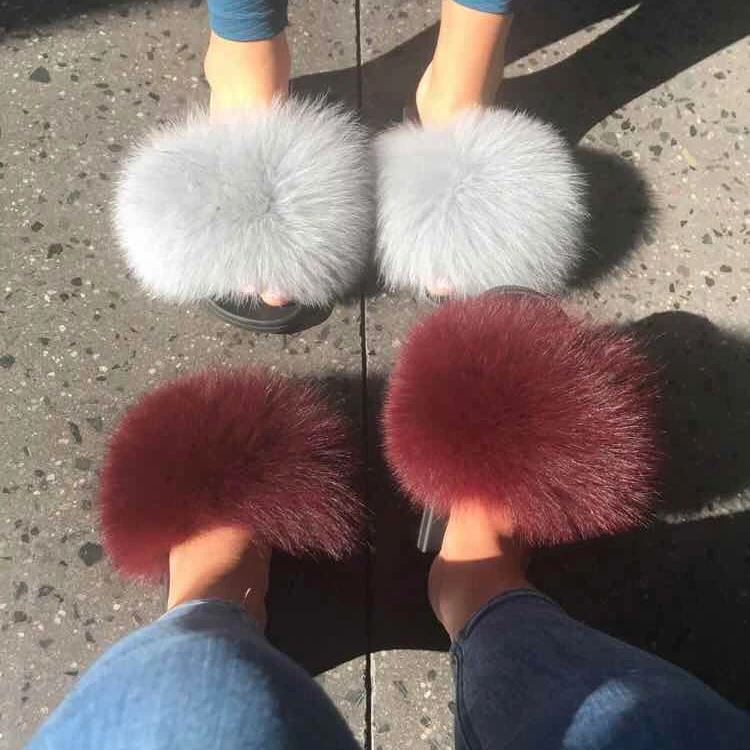 New Cheap custom logo brand slipper wholesale summer furry flats sandals EVA shoe for women fuzzy pile real fox fur slippers