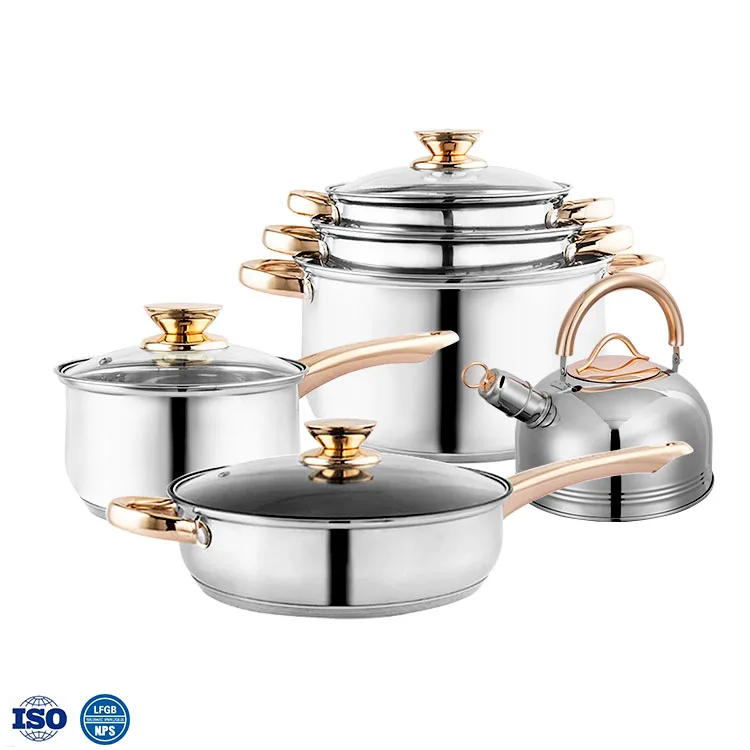 China manufacturer 12pcs Gold handle luxury stainless steel pot and pan cookwar pot set kitchen cookware with whistling kettle
