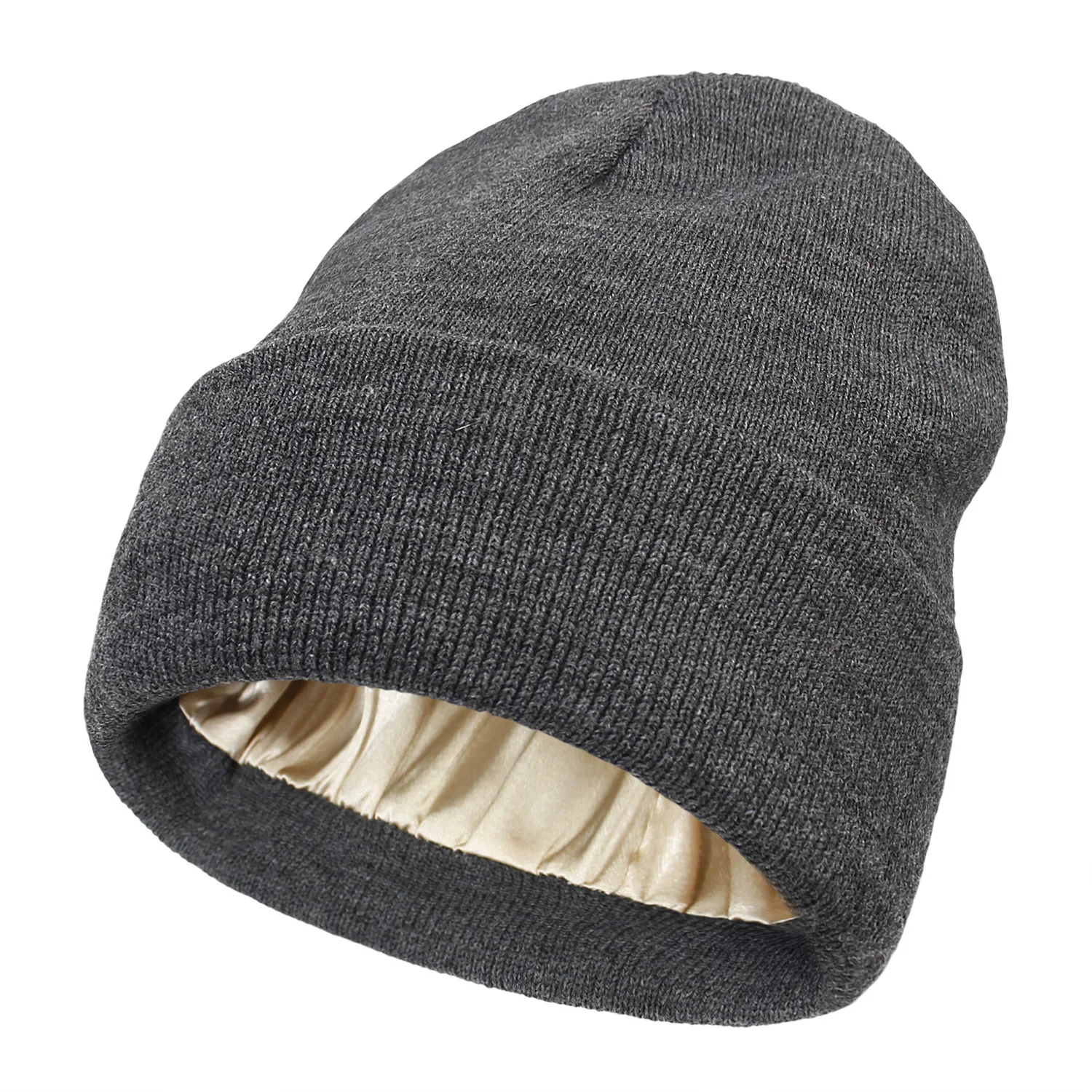 New design silk lined winter knitted hats beanies satin lined knit beanie hat cap with satin lined
