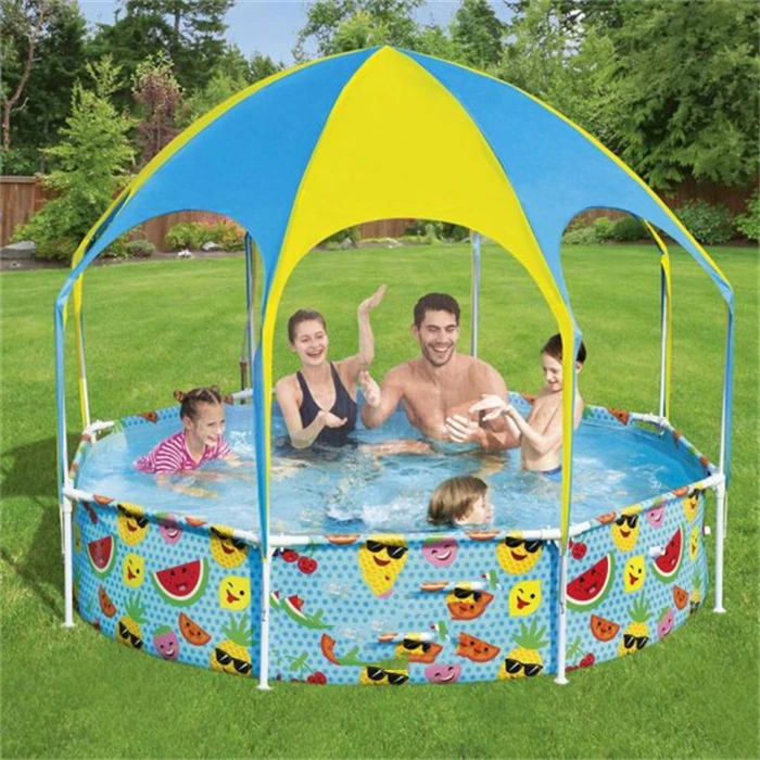 Family garden swimming pool with sunshade umbrella, foldable inflatable family tent pool