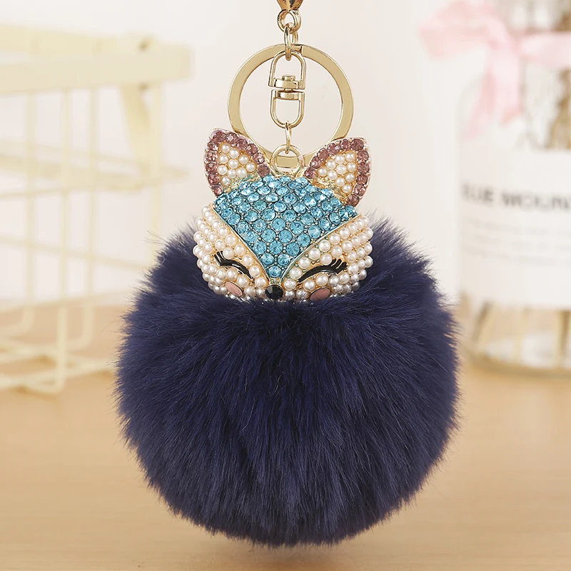 
New Rhinestone Faux Rabbit Fur Ball Pompom Fox Head Diamond Car Key Chain For Women Bag Car Key Ring Holder 1073A 