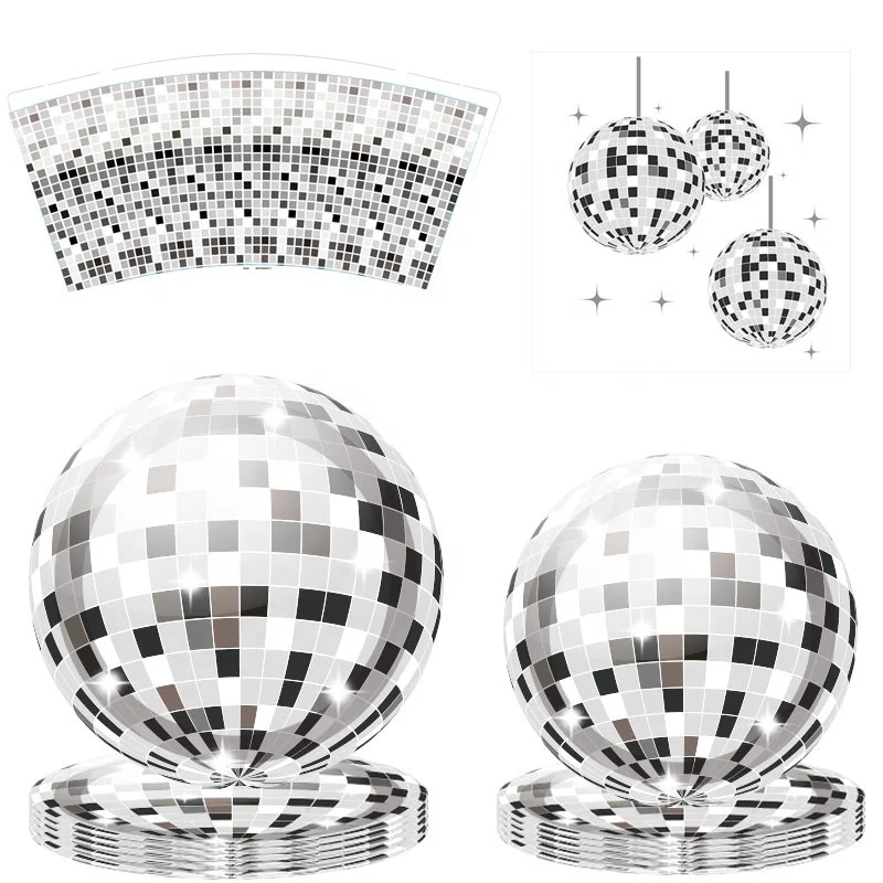 80pcs Party Supplies Paper Plates Silver Dancing Party Decors 8guests Disposable Tableware Sets Disco Theme Party Tableware kit