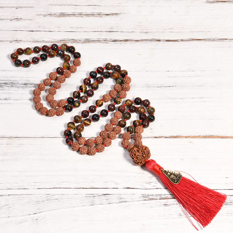 Boho Style Rudraksha Mala Gemstone 7 Chakra Stone Necklace 8Mm108 Mala Beads Necklace Pearl Tassel Necklace