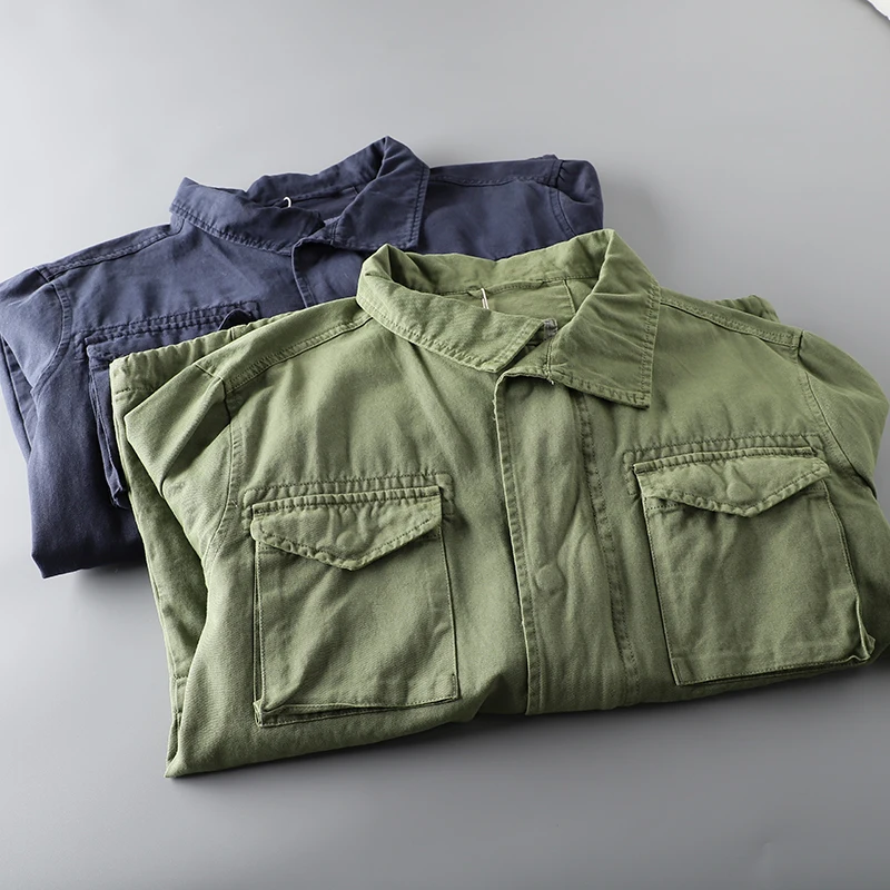 Wholesale designer army green vintage shirt Mens Casual Long Sleeves heavy cotton washed Cargo Shirts
