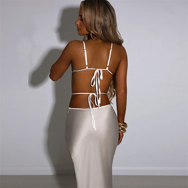 2022 Summer Backless Crop Top And Long Skirt Matching Set Sexy Party Beach Two Piece Sets Y2K Bandage Satin Skirt 2 Piece Set