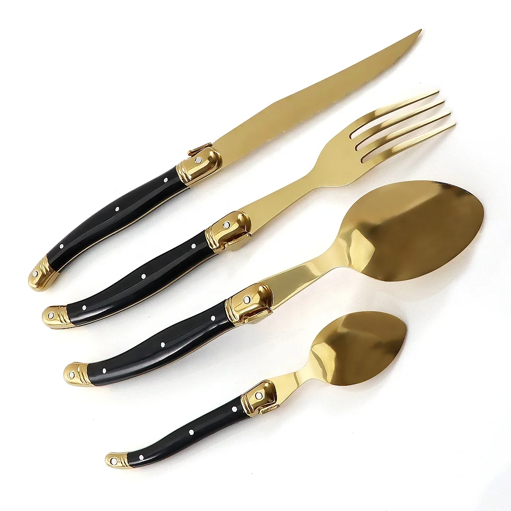 Golden Flatware Laguiole Cutlery Set Stainless Steel Sharp Steak Knives Forks Soup Spoons Teaspoons Dinnerware Set For Wedding