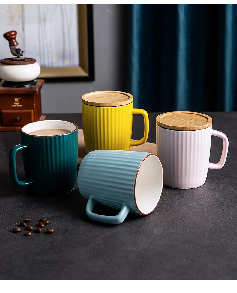 400ML Modern Simple Creative Nordic Solid Color Striped Wooden Lid Ceramic Mug