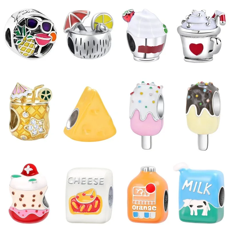 S925 Sterling Silver Enamel Beads DIY Dessert Cheese Milk Cake Ice Cream Loose Beads making 925 sterling silver charms for girls