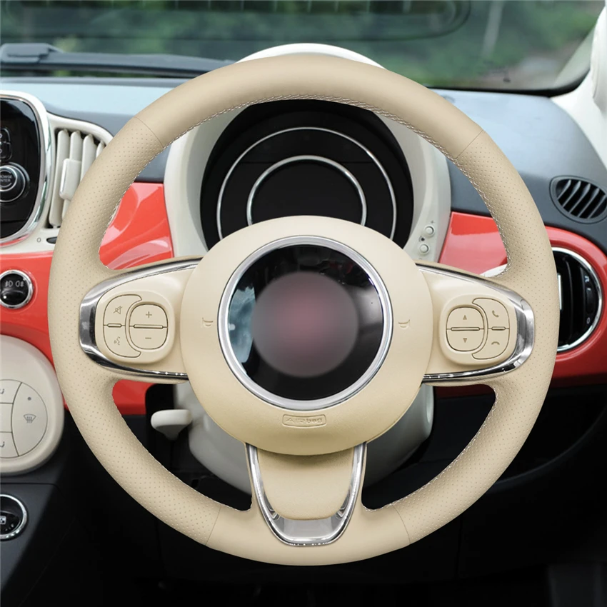 MEWANT For Fiat 500 2015-2021 / 500C 2016-2021 Best Ladies Car Steering Wheel Cover Beige Leather Factory Wholesale Price