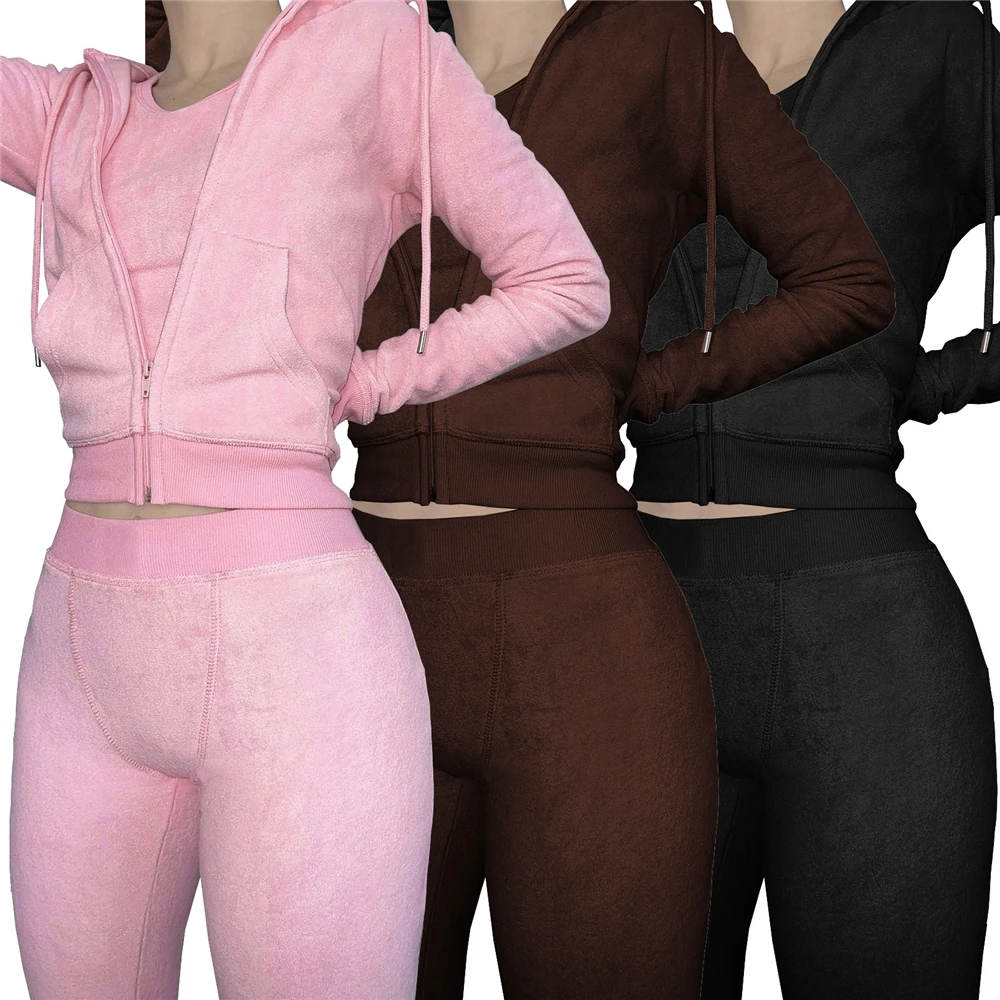 Custom Logo Joggers Set Women 3 Pieces Sports Wear Outfits Latest Design Terry Towel Clothing Women Track Suits 3 Pieces