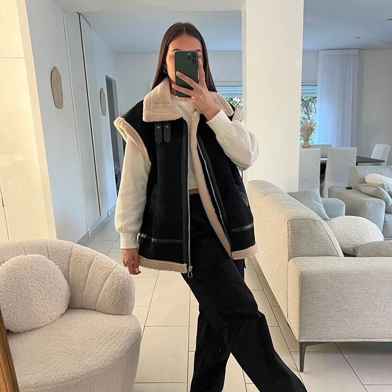 Moto Biker Lamb Wool Vests Women Fashion Suede Waistcoats Women Elegant Thick Warm Sleeveless Jackets Female Ladies