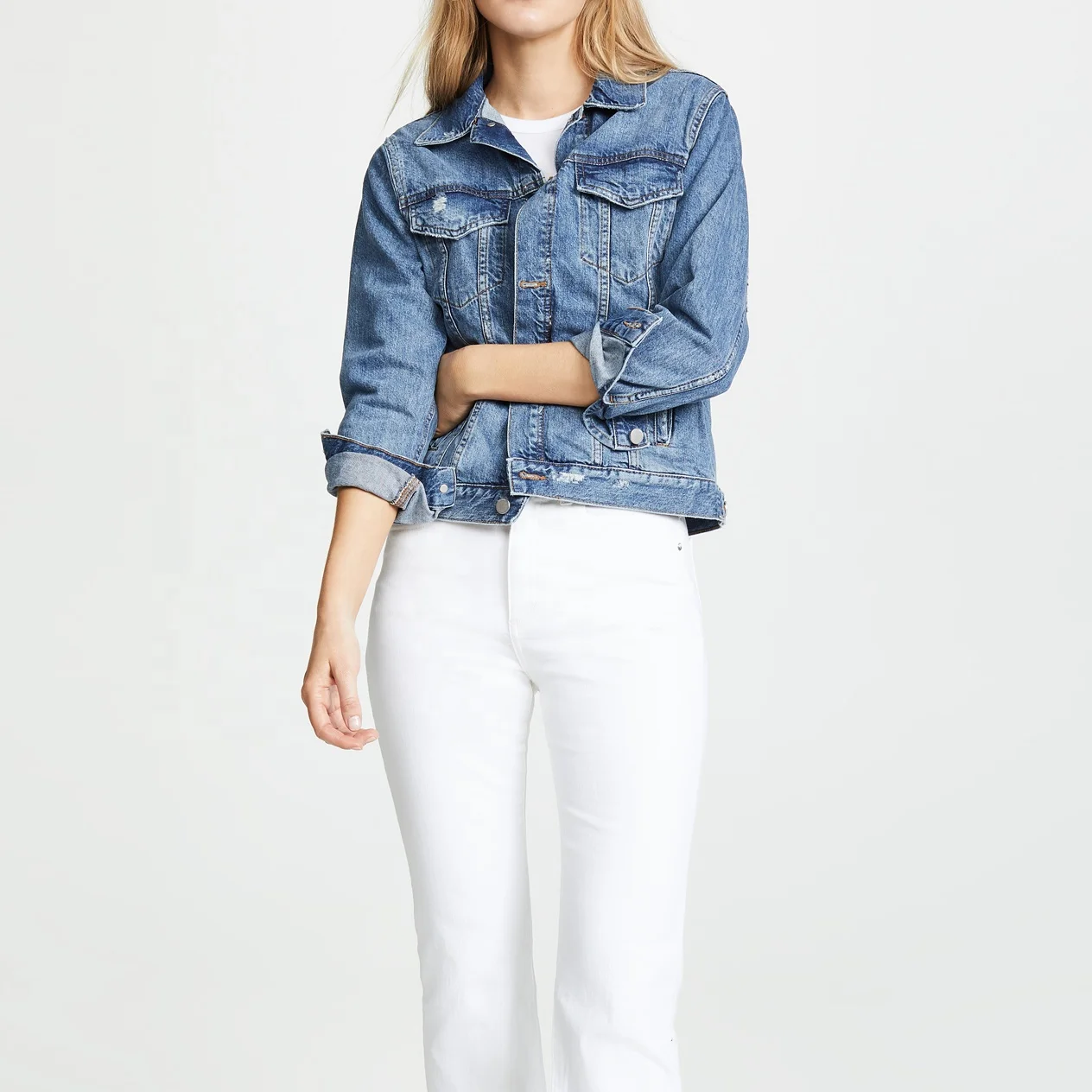 Custom factory plain jean jackets women basic denim jacket classic blue crop denim jacket