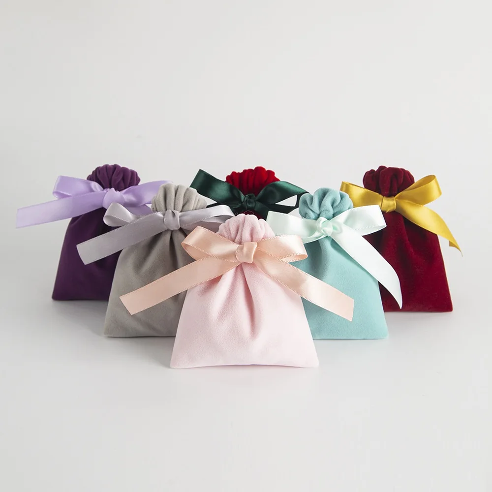Factory Direct Luxury Custom Printed Logo Small Pretty Velvet Drawstring Bag with Ribbon for Packing Gifts
