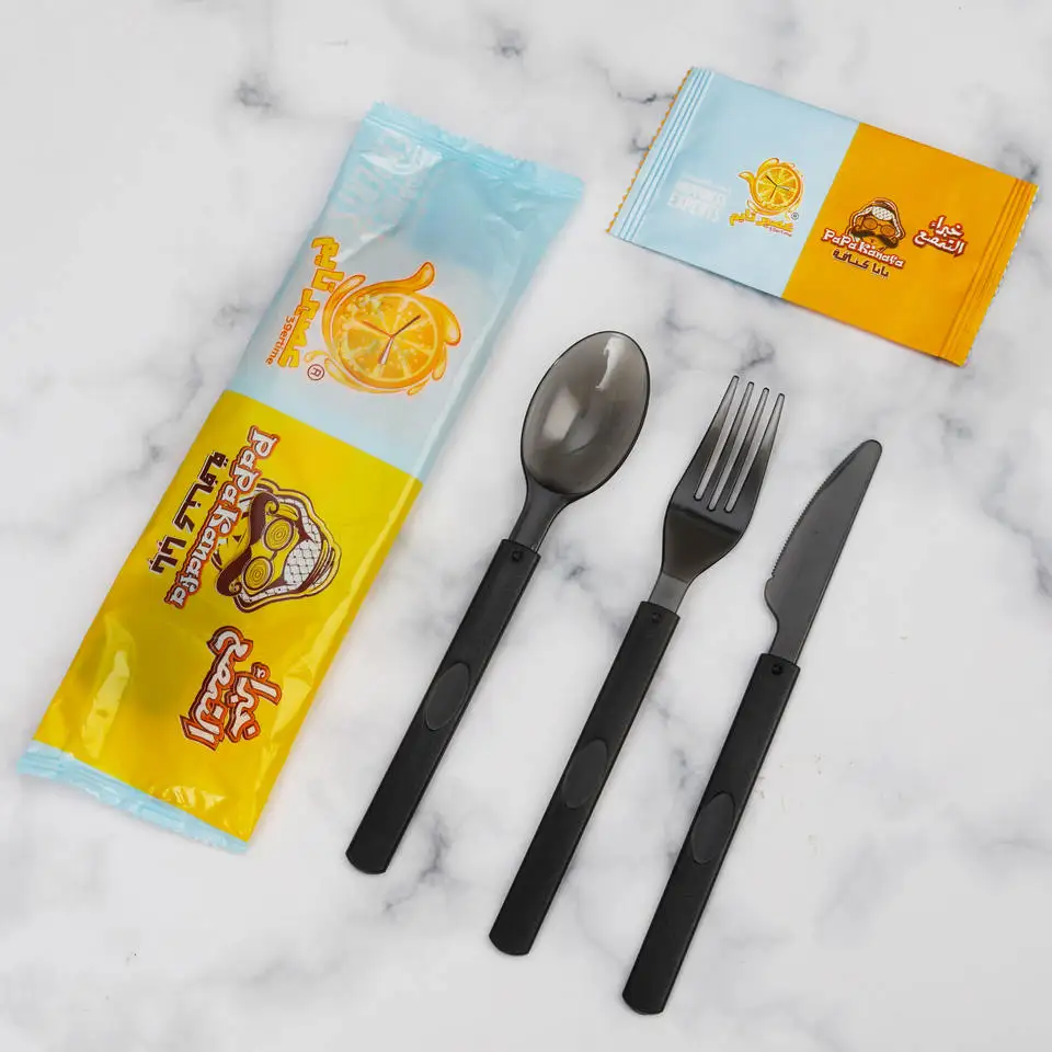 Best Selling Plastic PS Knife Spoon Fork and Napkin in One Individually Package Disposable Black Cutlery Set