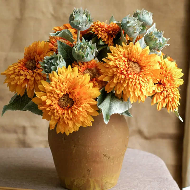 High Quality Gift Silk Flowers Yellow Artificial Dried Flower Bunch Teddy Sunflower For Home Wedding Decoration
