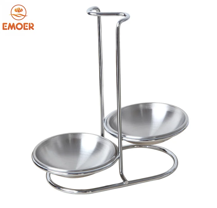 Opposite Side Double Round Silver stainless steel Bowls Spoon Rest Holder