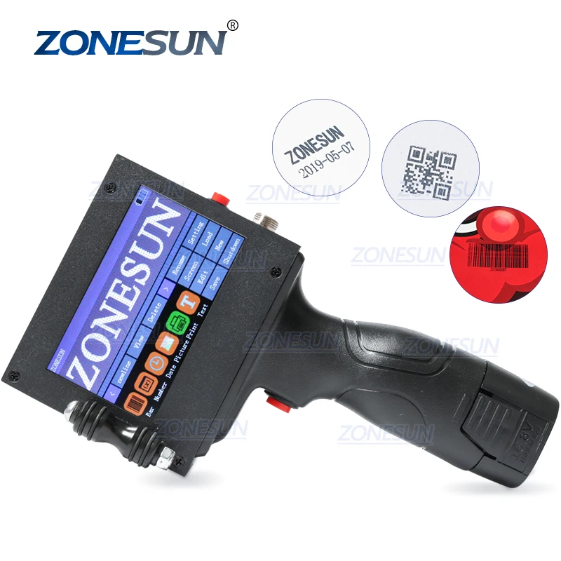 ZONESUN сенсорный экран ручной Интеллектуальный USB QR 360 градусов струйный принтер кодирования машина для картонной резины металла истечения срока годности