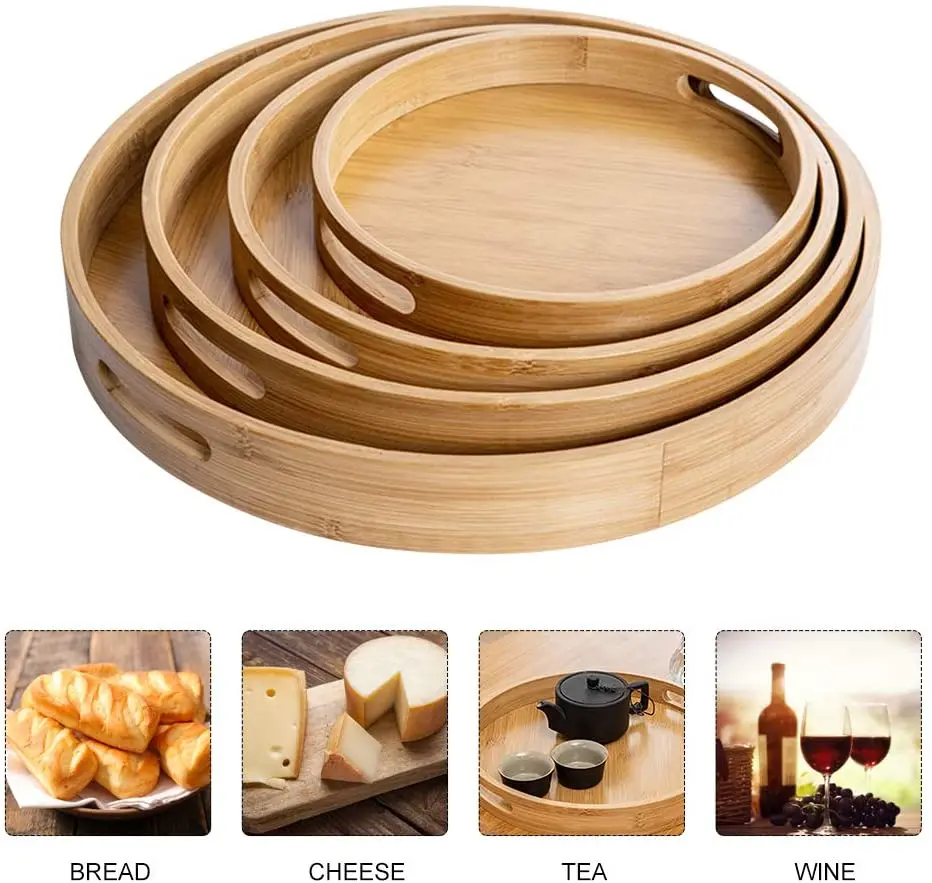 Eco-friendly Bamboo Serving Tray Wholesale Round Bamboo Food Tray Bamboo Tea Tray