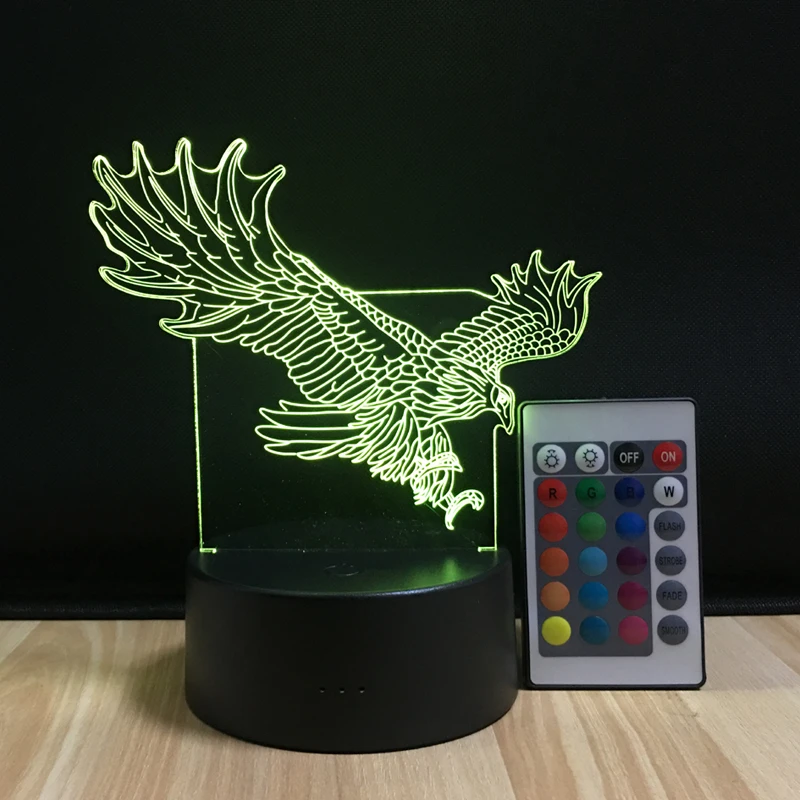 3D Eagle USB Night Light LED Remote Control Table Lamp Illusion 16 Colors Battery Desk Lamp