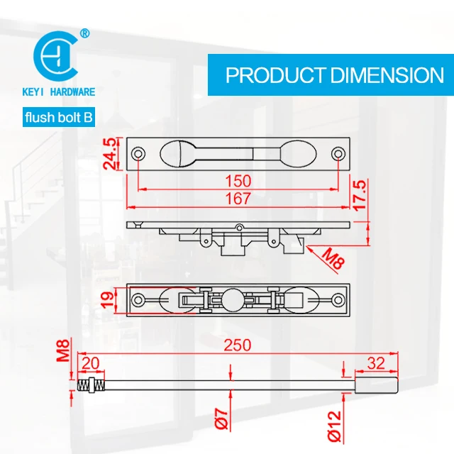 KEYI Flush Bolt B оптовая торговля алюминиевыми дверными утапливаемыми болтами для двойных дверей