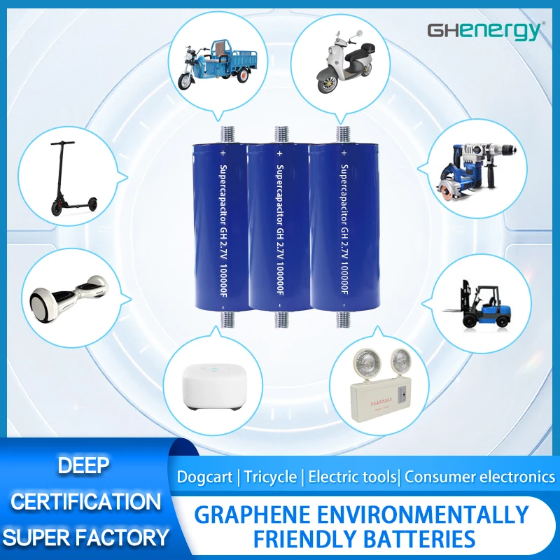 Graphene Super Capacitor Battery Cell 2.7V 100000F 25Ah 60Wh Rechargeable Cell for Energy and Power