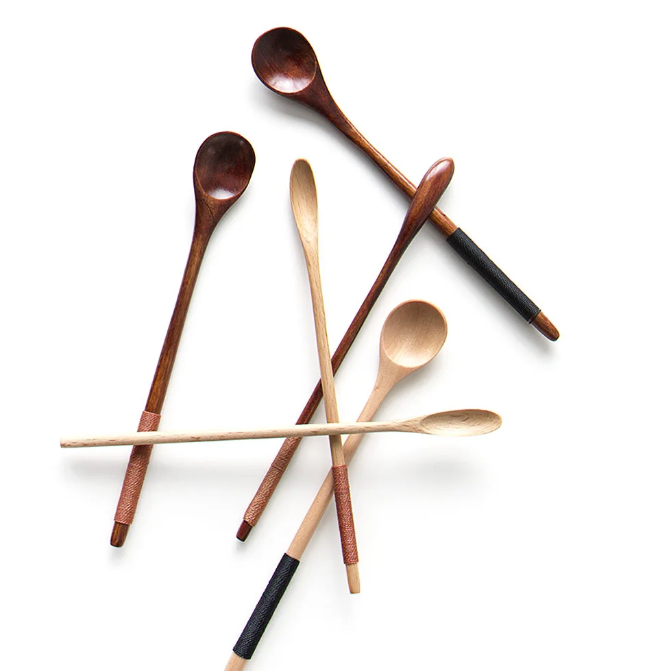 Customized Logo Natural Wood Long Handle small Wooden mini honey Coffee Ice Tea Spoons Mixing Spoon Set