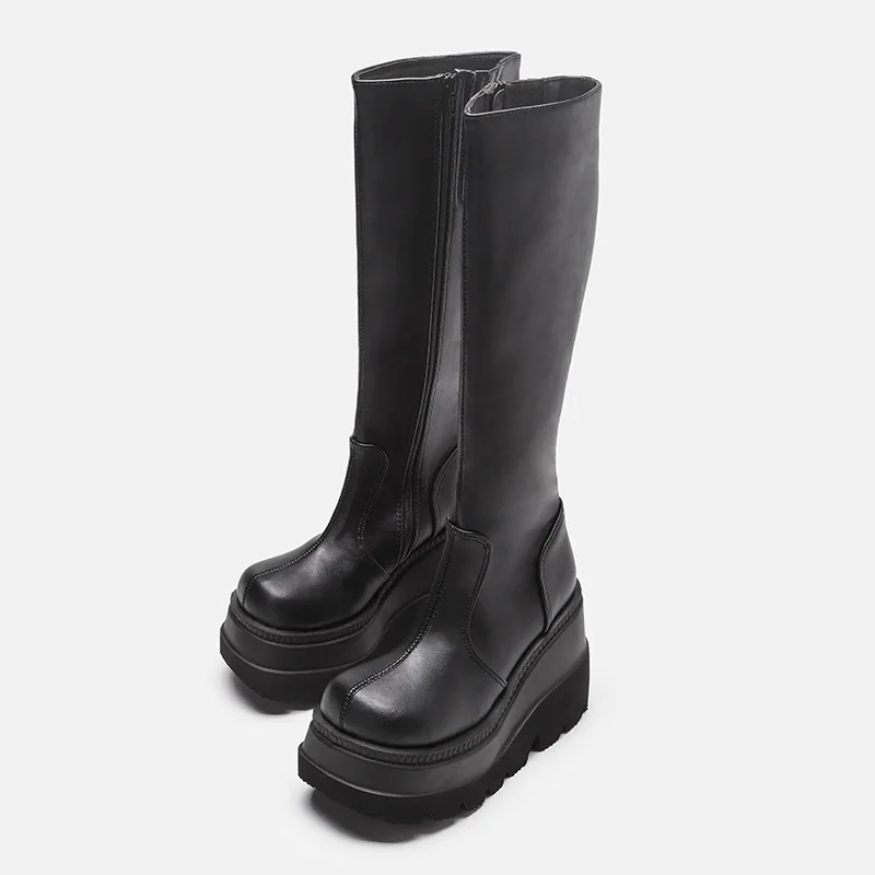 2023 Ladies Thick Sole Luxury Style Waterproof Winter Fall Platform Flat Leather Black Knee High Boots for Women