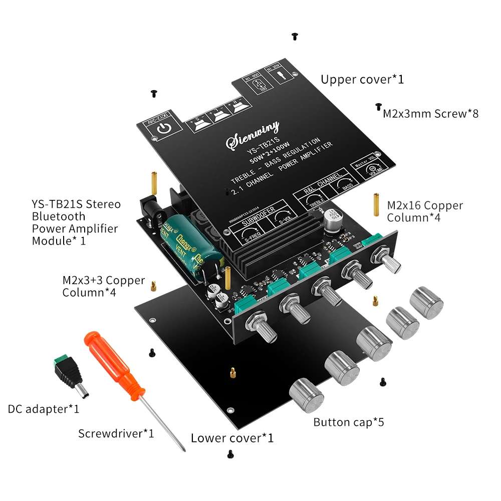 YS-TB21S TPA3116D2 2.1 Channel BT 5.1 Subwoofer Amplifier Board 50WX2+100W Power Audio Stereo Amplifier Board Bass AMP