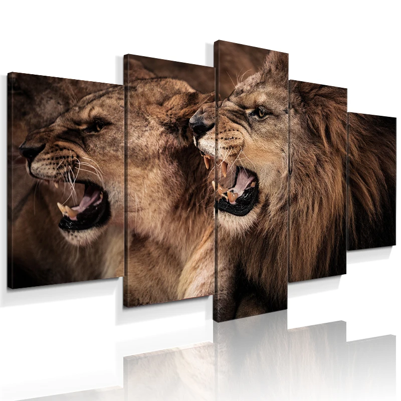 5 Panels animal Home Wall Decor Lioness and Lion Picture Stretched Framed Giclee Print on Canvas