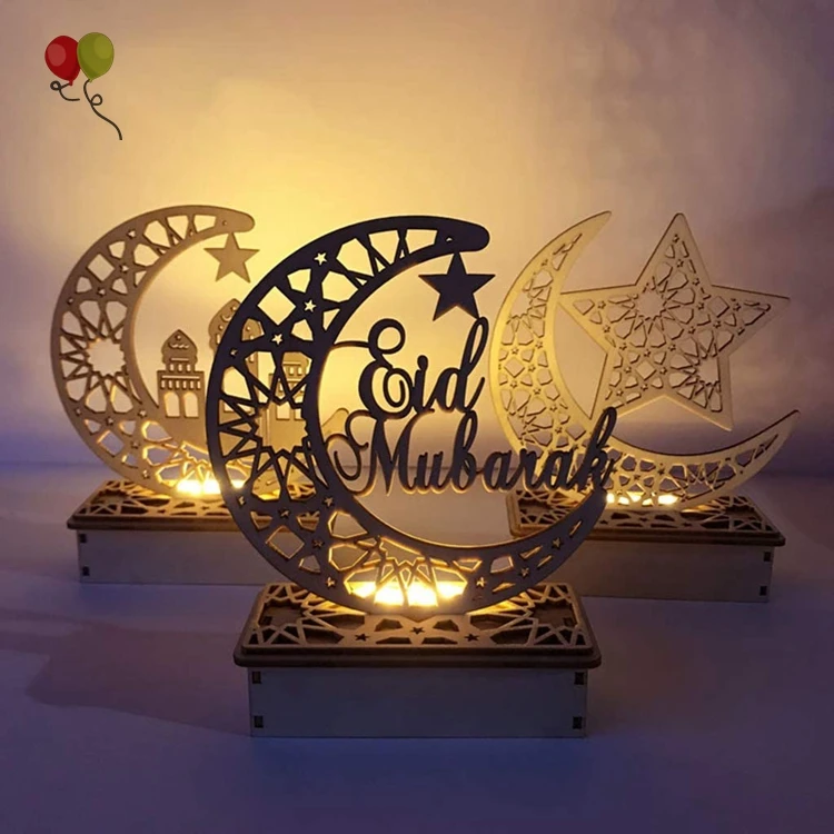 Wooden Ramadan Eid Mubarak Moon Star Islam Hanging Pendant Plate with LED String Lights Eid Mubarak Wooden Ornaments KD750