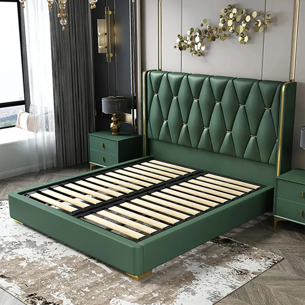KEHUI Leather Beds Luxury Modern Design Bed Frame Futon King Size Pink Power Post Sewing Platform Genuine Leather Beds