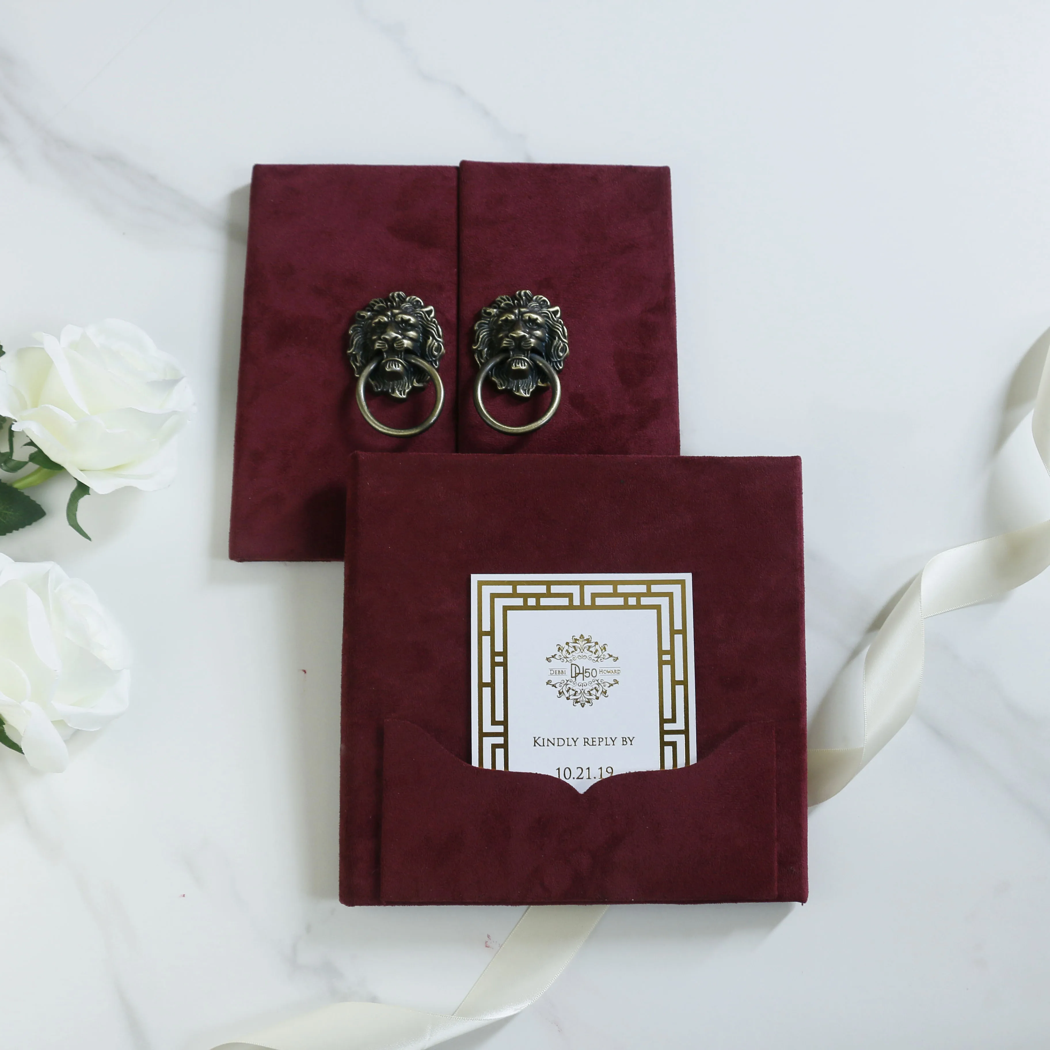 Chinese Luxury burgundy red  suede velvet hardcover wedding invitations  decoration velvet hardcover wedding invitation