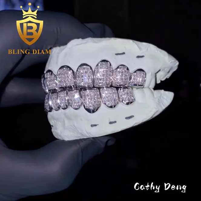 Hip Hop Jewelry Sparkle Men Fashion D VVS moissanite Grillz iced out 925 Sterling Silver Teeth Grillz  8 top 8 bottom Buss Down