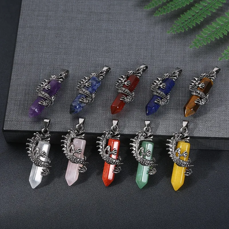 Crystal Dragon Wrapped Healing Stone Pendant Retro Cool Mens Natural Gemstone Quartz Point Hexagon Pendants For Jewelry Making