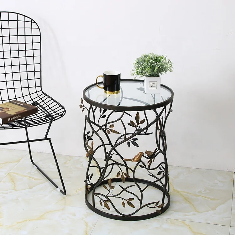 Glass Top Hollow Table Round Small Metal Frame Geometric Eyelet Pattern Luxe Modern Stylish Nightstand Bedroom